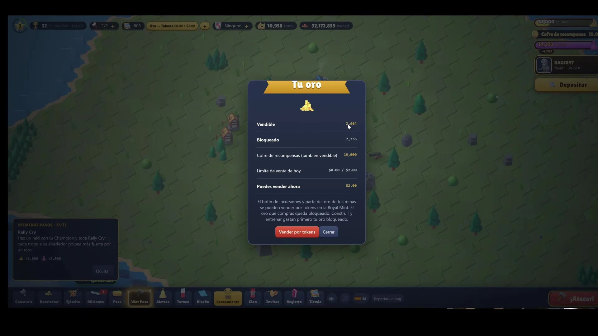 RaidLords: 'Tu oro' popup visible showing sellable gold amounts and sale limits in Hindi